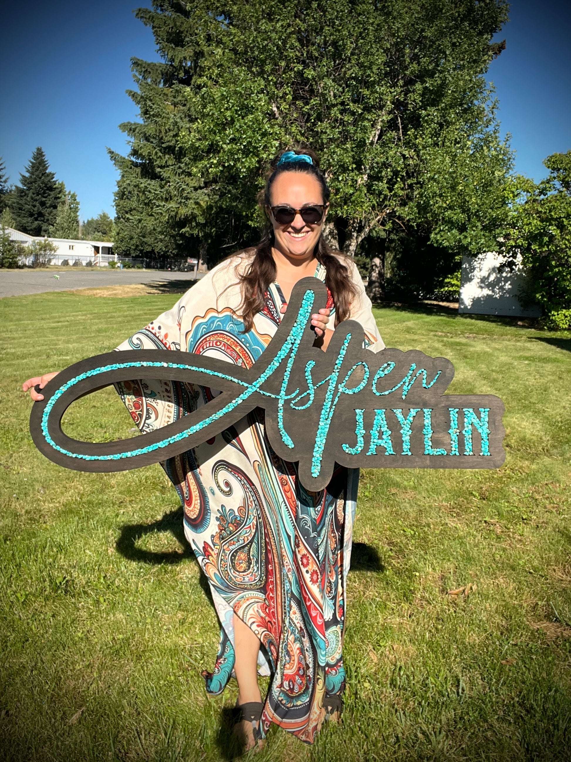 Turquoise inlayed laser cut sign