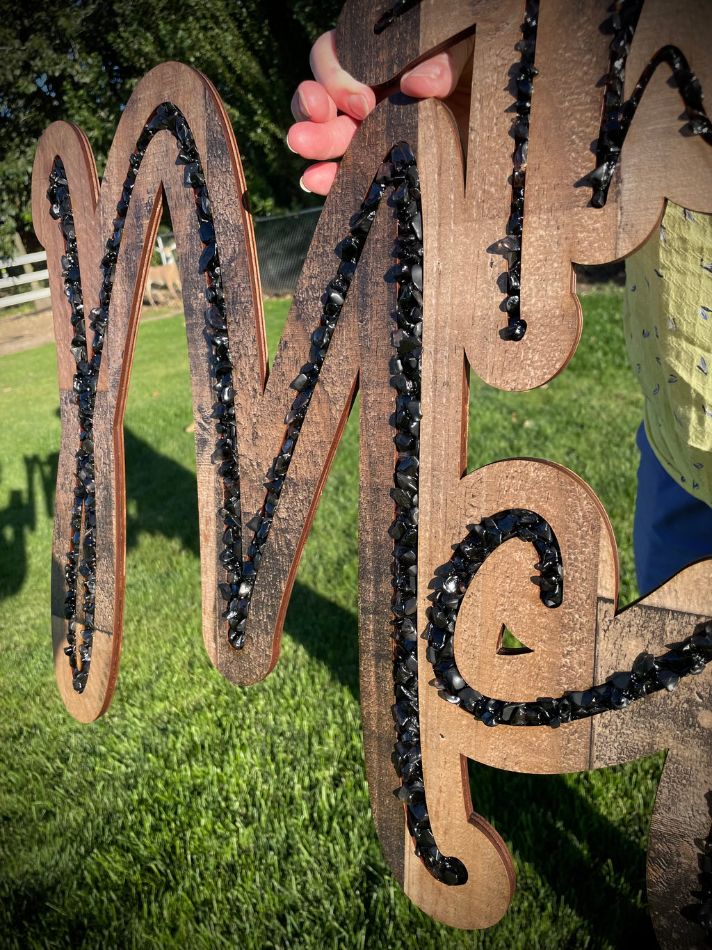 Stone/ Crystal Inlay on Wooden Laser Cut Sign