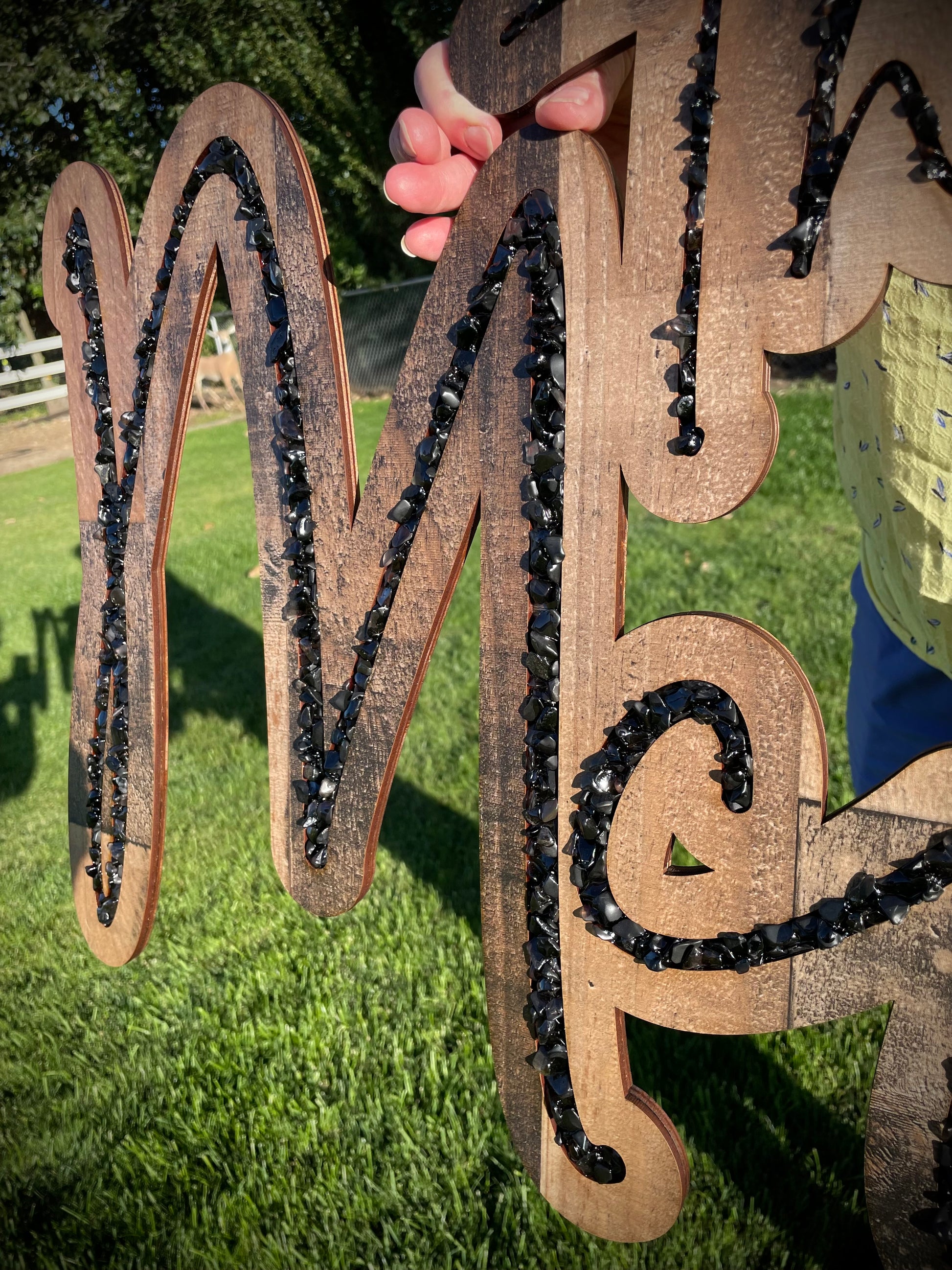 Stone/ Crystal Inlay on Wooden Laser Cut Sign