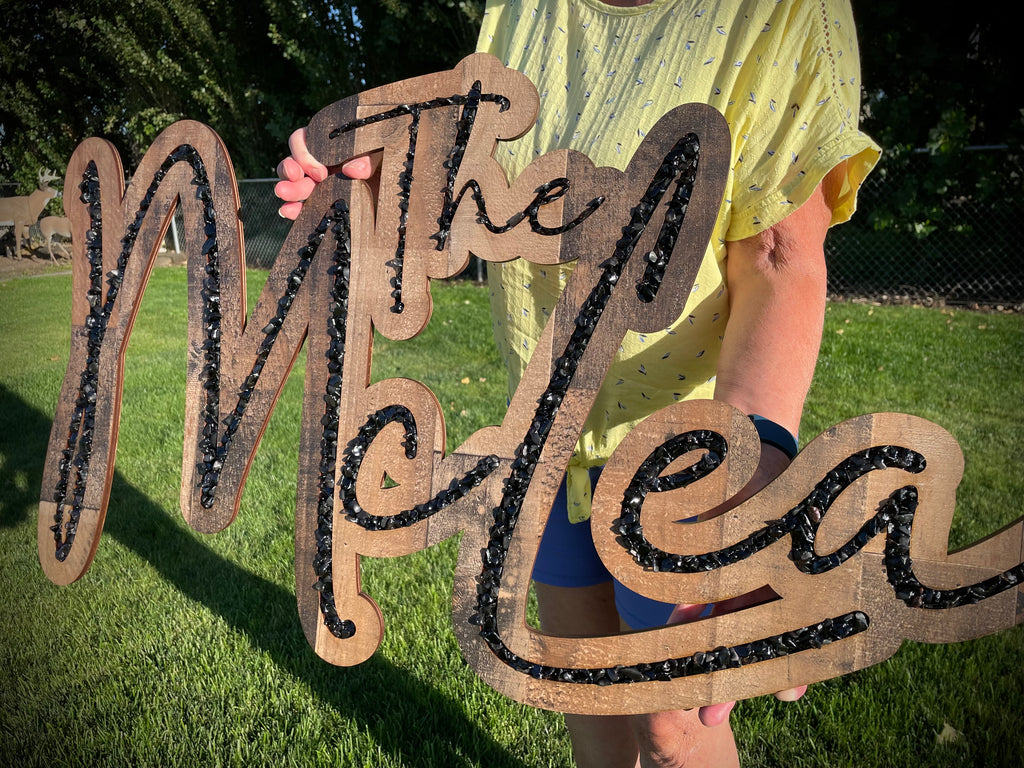 Stone/ Crystal Inlay on Wooden Laser Cut Sign
